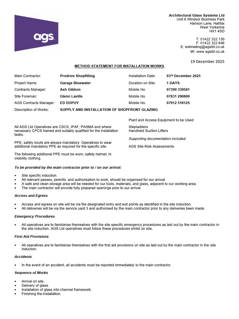 Method Statement for Shopfront Glazing | PDF | Personal Protective ...