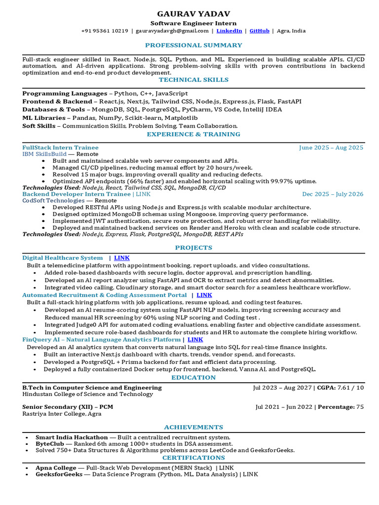 Full-Stack Engineer Intern Profile | PDF | Postgre Sql | Sql