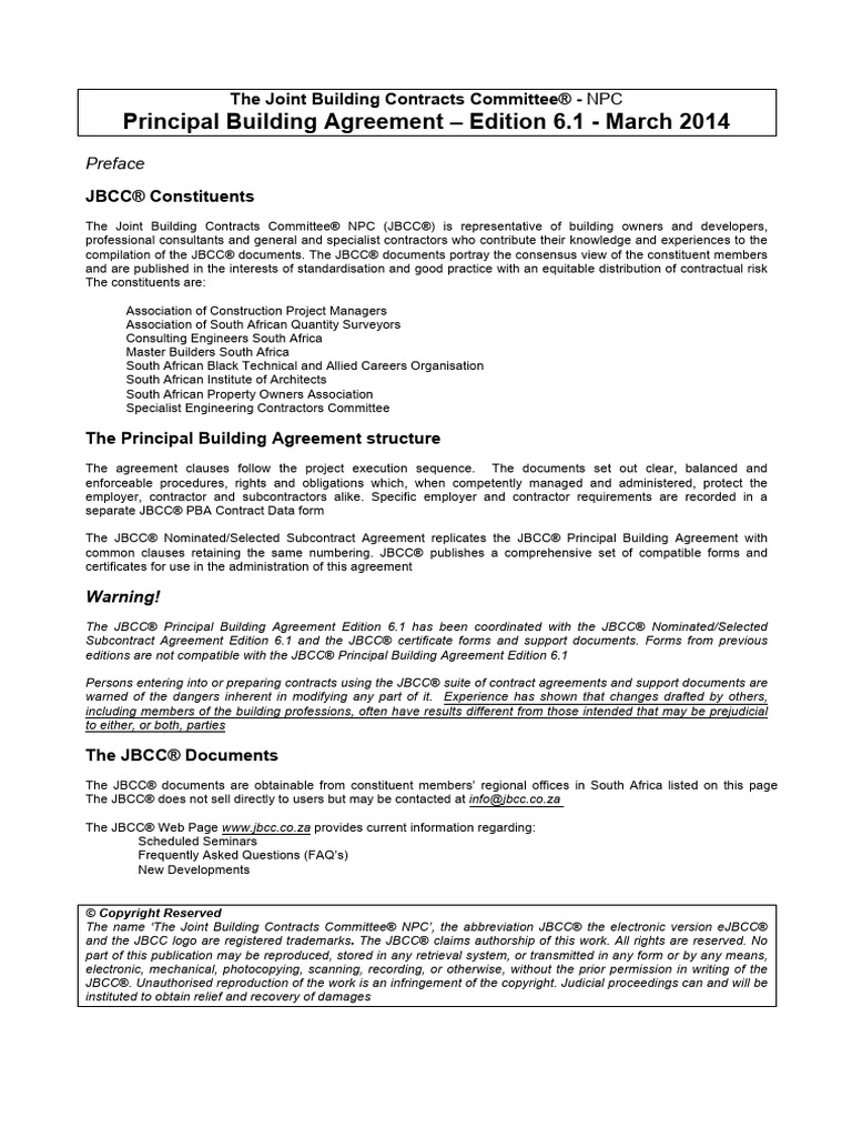 JBCC Principal Building Agreement 6.1 | PDF | Indemnity | Insurance