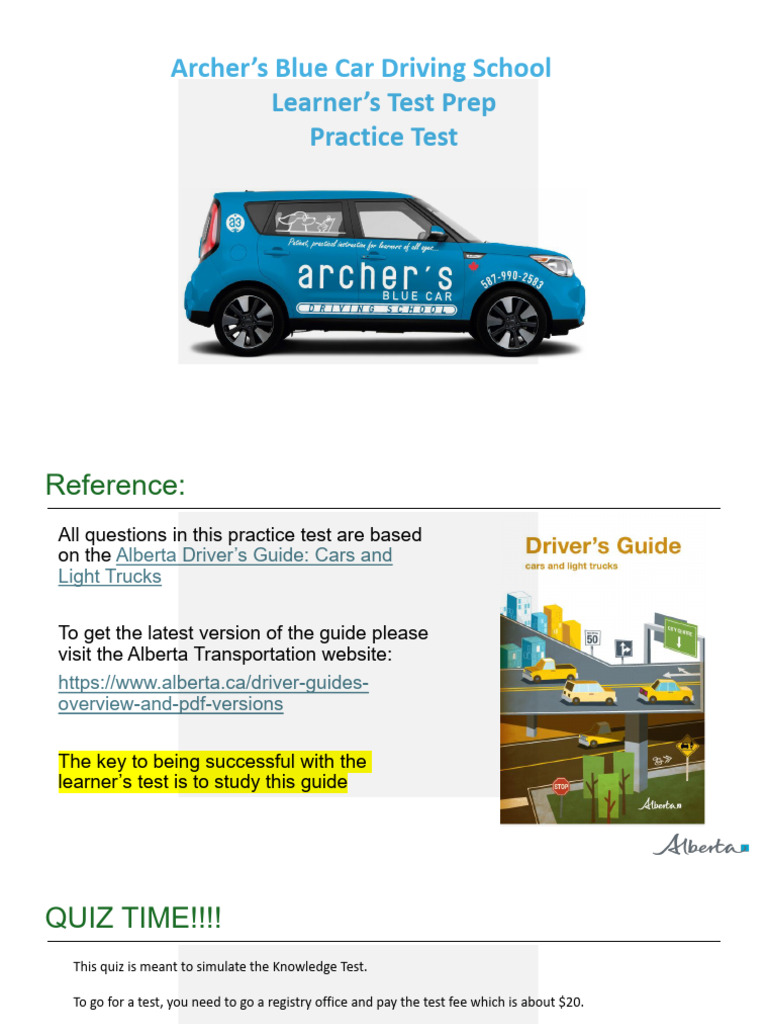 Alberta Learner's Test Practice Quiz | PDF | Intersection (Road) | Traffic