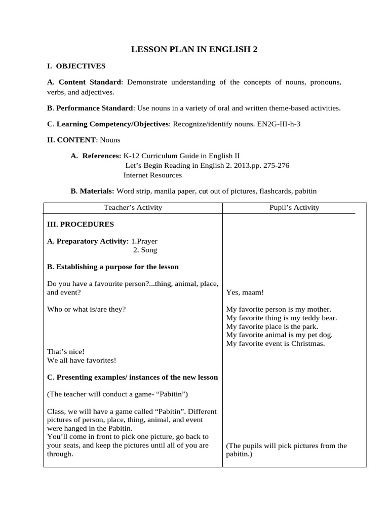 Grade 2 Nouns Lesson Plan | PDF | Lesson Plan | English Language