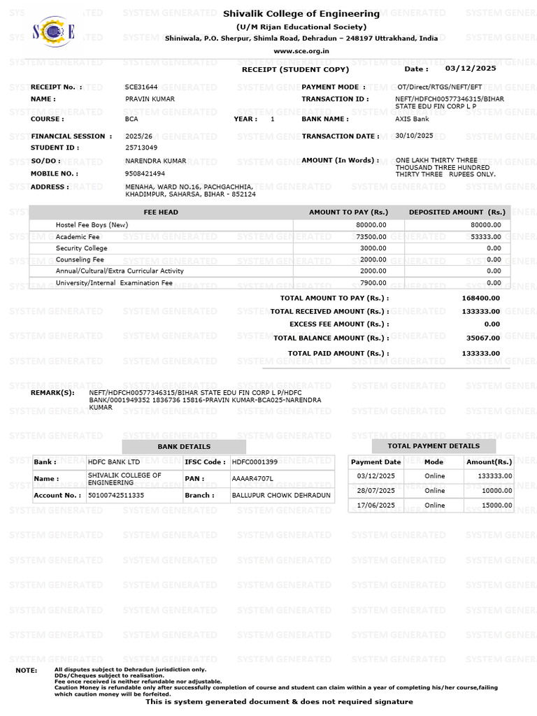StudentFeeReceiptSCE (2) | PDF | Banks | Financial Services