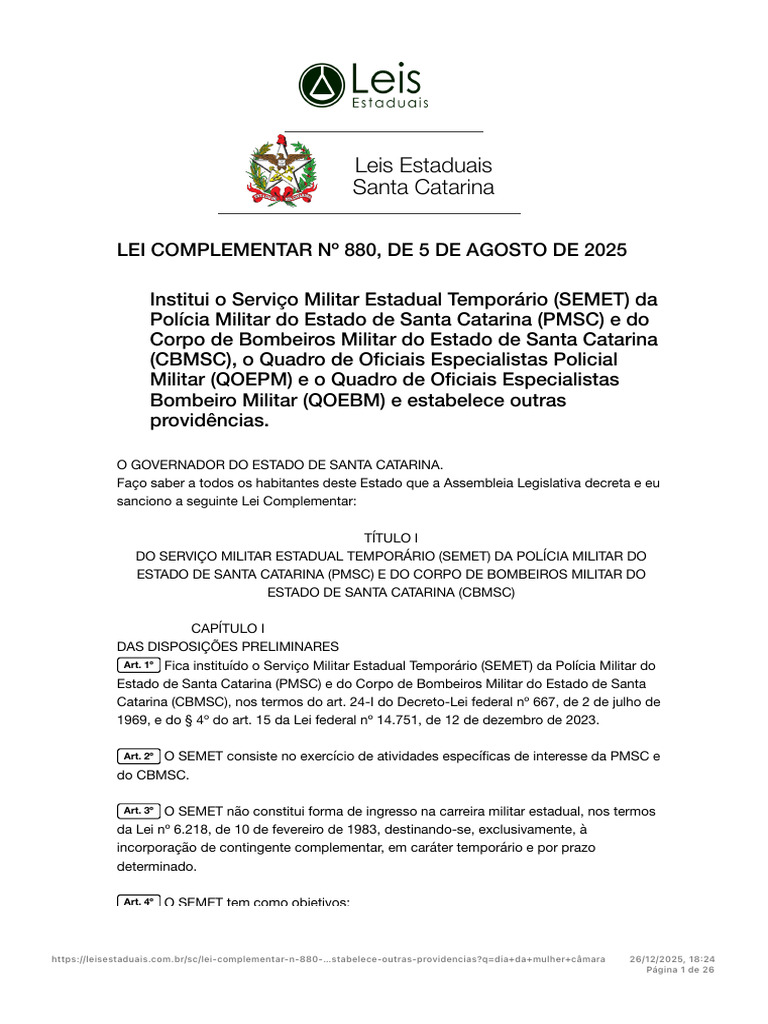 Lei Complementar 880: SEMET em SC | PDF | Indenização | Oficial (Forças ...