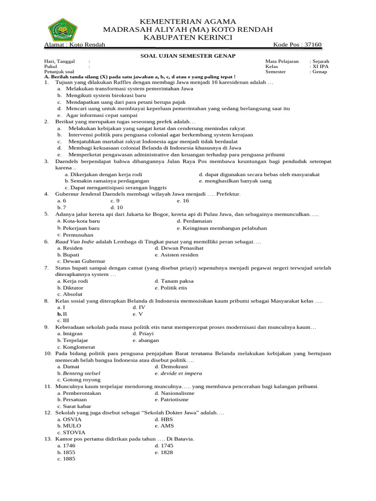 Soal Ujian Sejarah Kelas XI IPA MA Koto Rendah | PDF