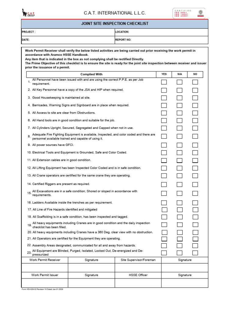 Joint Site Inspection Checklist Template | PDF