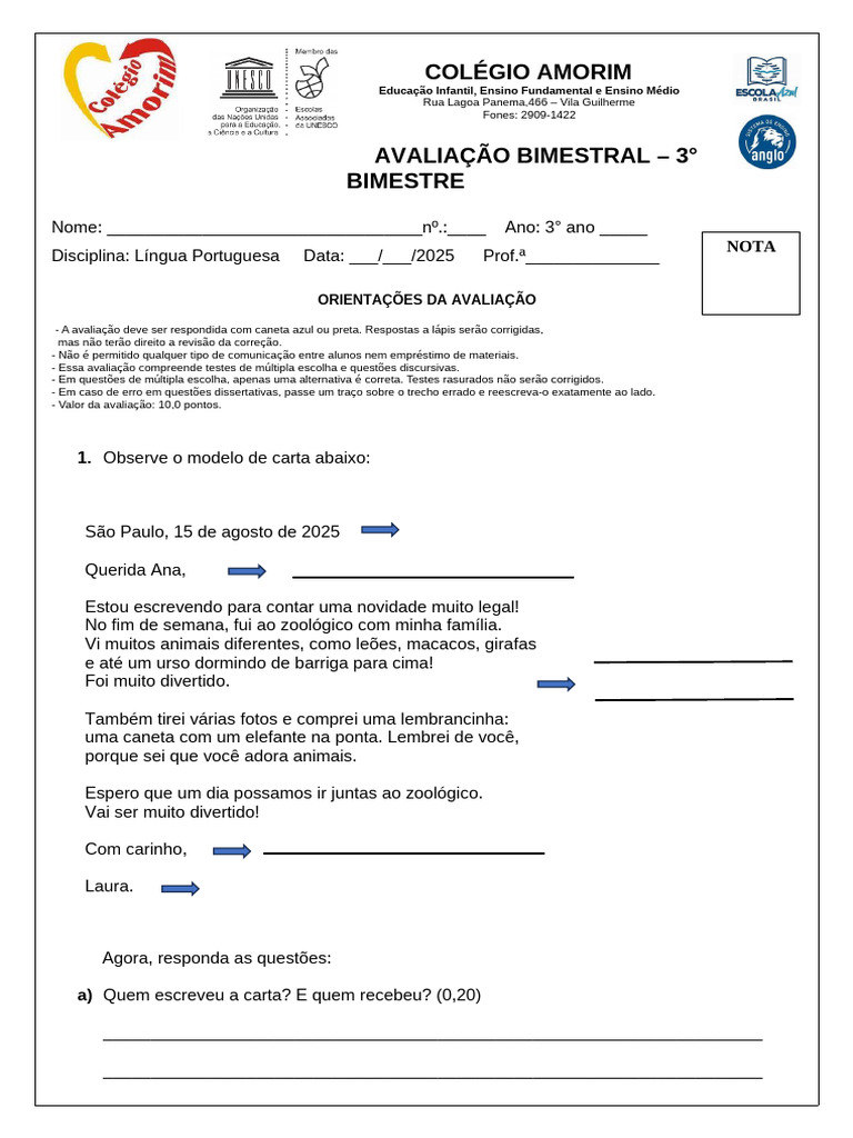 Avaliação de Língua Portuguesa - 3º Ano | PDF | Discurso | Escrita
