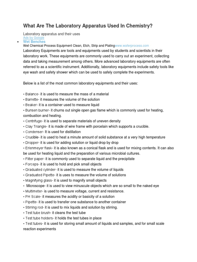 What Are The Laboratory Apparatus Used in Chemistry PDF