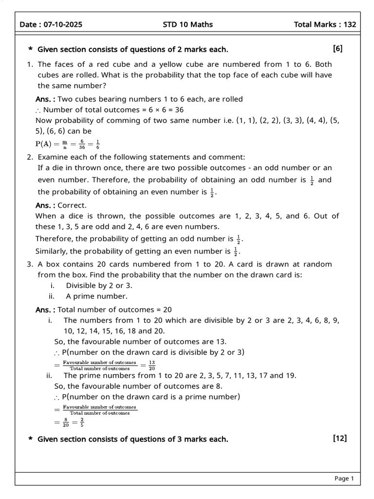 Probability Questions for Class 10 Maths | PDF | Probability