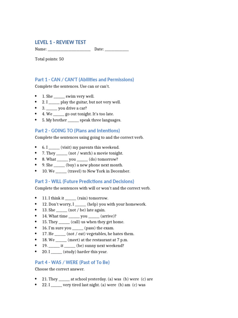 Level 1 English Review Test | PDF | Grammar | Linguistic Morphology