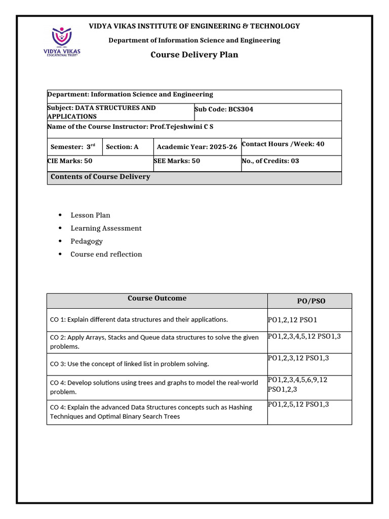 Data Structures Course Plan 2025-26 | PDF | Algorithms And Data ...
