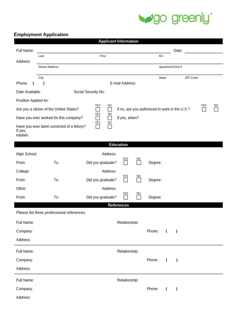 Employment Application Form Template | PDF