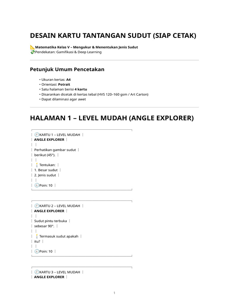 Kartu Tantangan Sudut Matematika Kelas V | PDF
