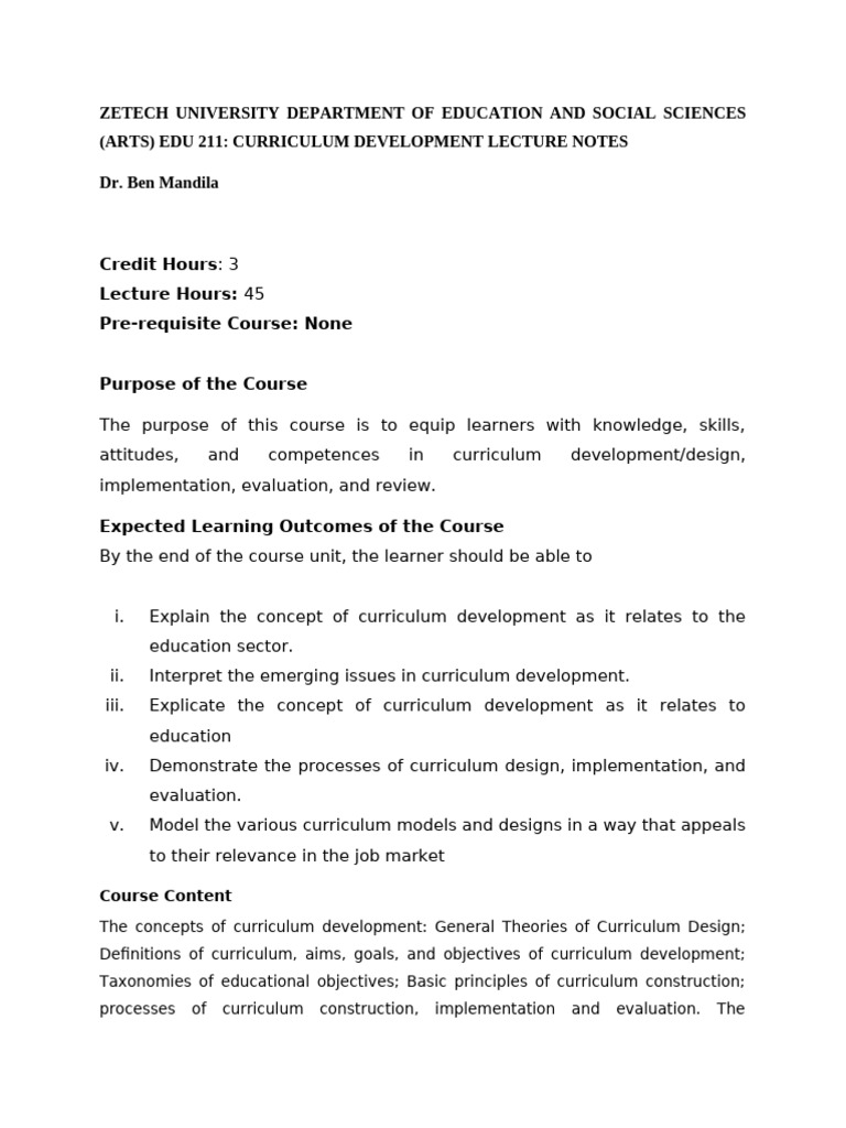 Curriculum Development Lecture Notes | PDF | Curriculum | Learning