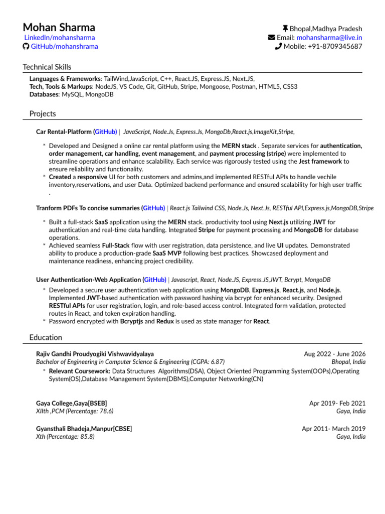 Mohan Sharma - Full-Stack Developer Profile | PDF | Software ...