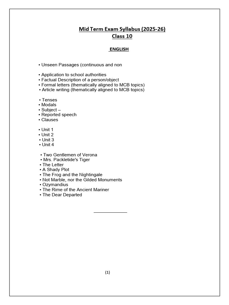 Class 10 Mid Term Exam Syllabus 2025-26 | PDF | Chemistry | Chemical ...
