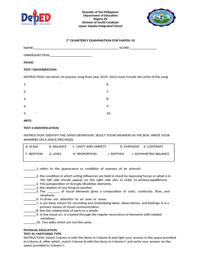 MAPEH 10 Quarterly Exam Guide | PDF