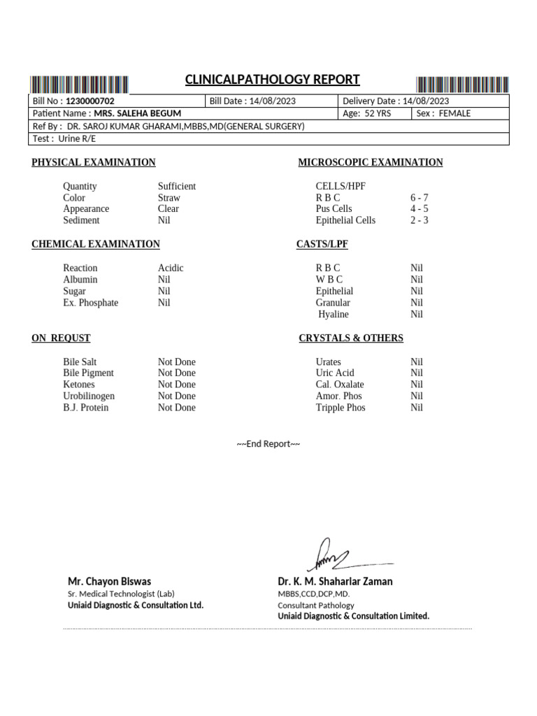 Urine R/E Report for MRS. SALEHA BEGUM | PDF