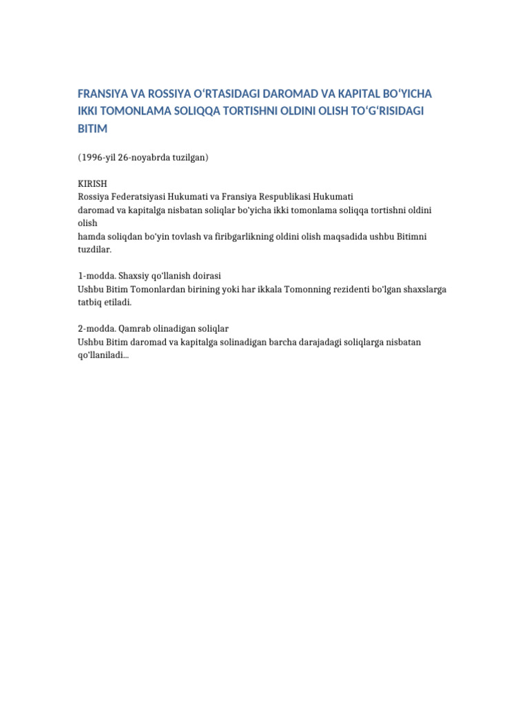 Fransiya Rossiya Soliq Bitimi Ozbekcha | PDF