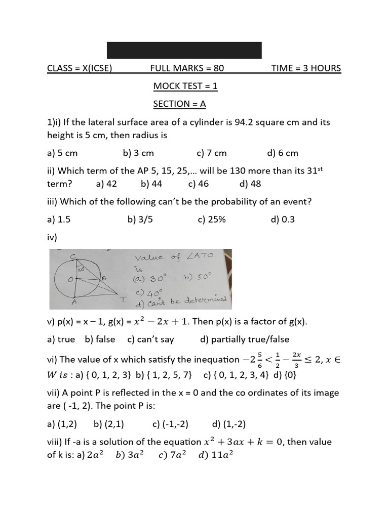 Class X ICSE Mathematics Mock Test | PDF | Mathematics | Mathematical ...