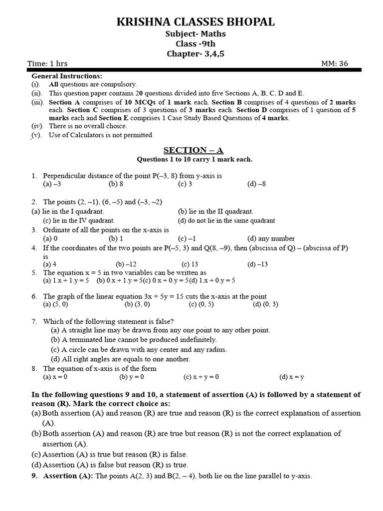 Class 9 Maths Exam Paper Overview | PDF | Cartesian Coordinate System ...