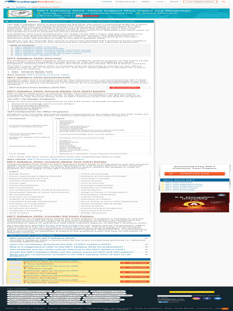 NIFT Syllabus 2026: GAT & CAT Details | PDF