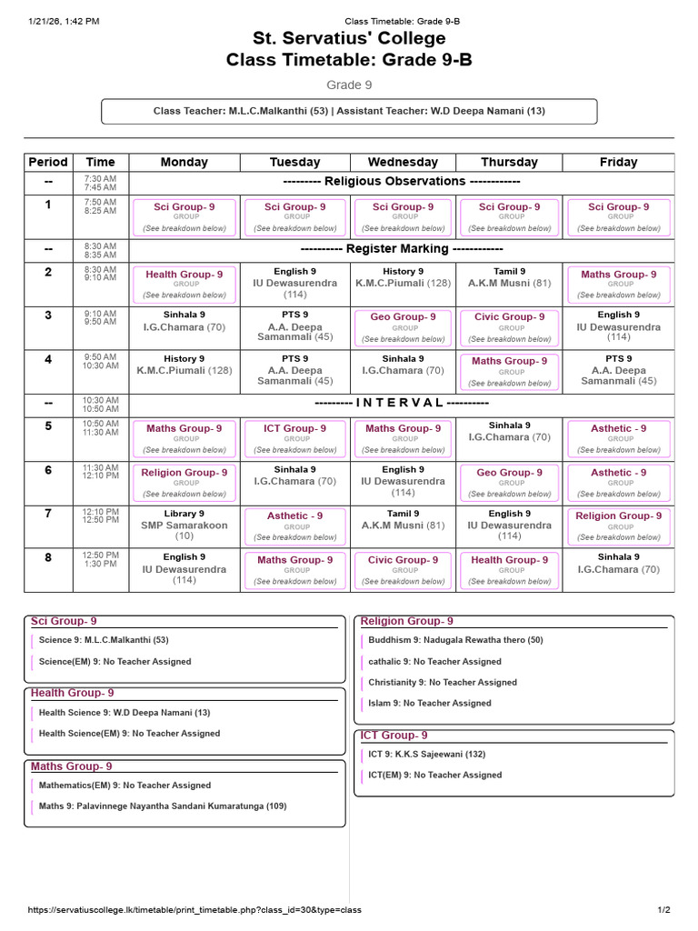 Grade 9-B Class Timetable at St. Servatius | PDF