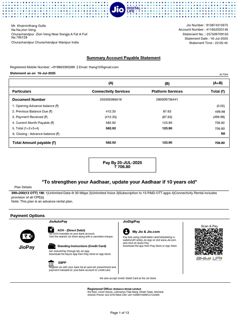 Jio Fiber Account Statement Summary | PDF | Payments | Cheque