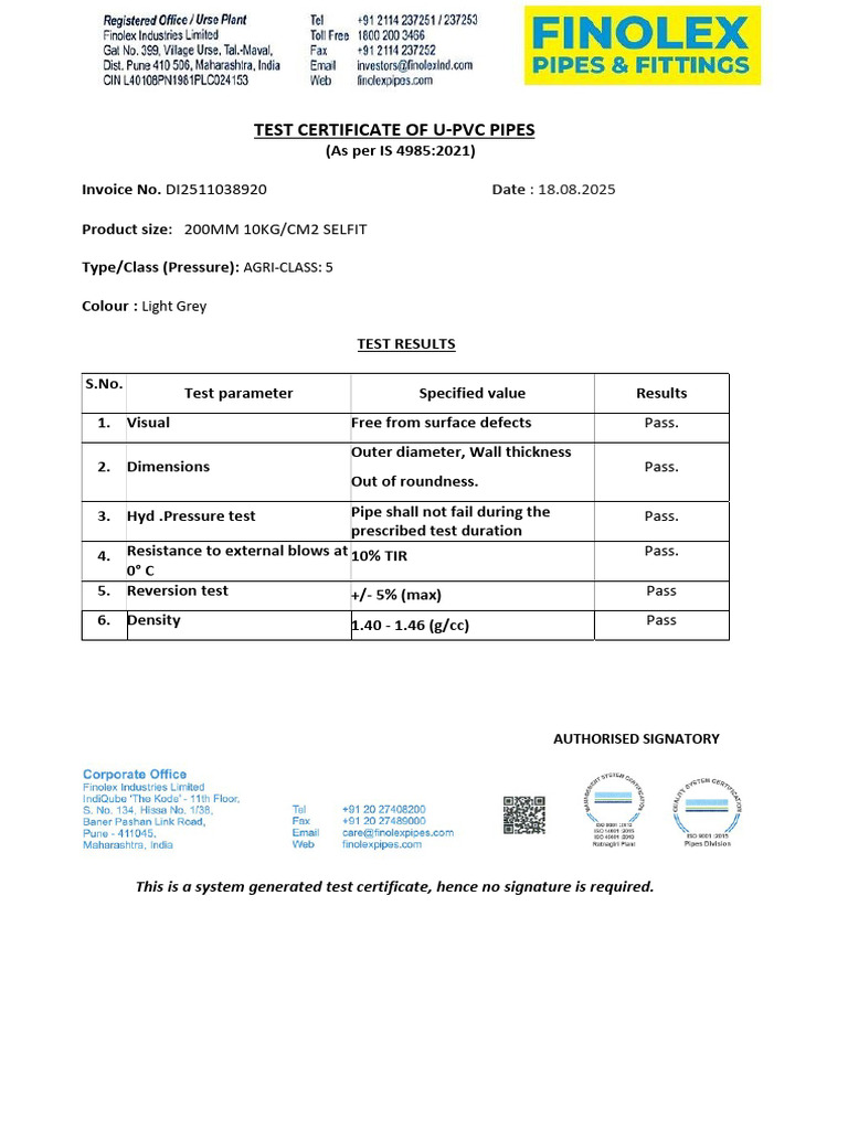 U-PVC Pipes Test Certificate IS 4985:2021 | PDF
