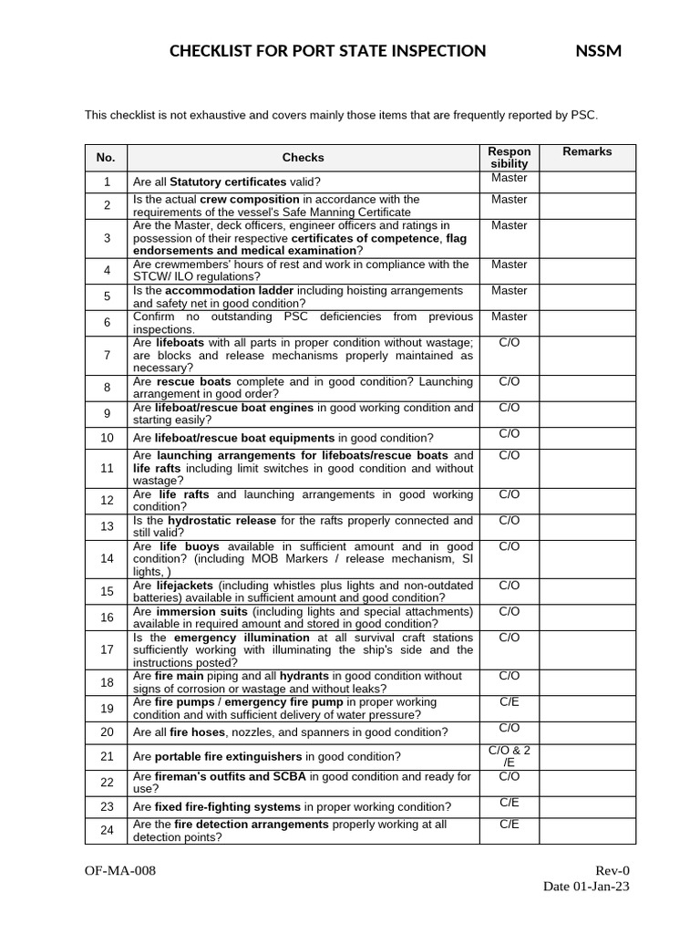 Port State Inspection Checklist Guide | PDF | Water Transport