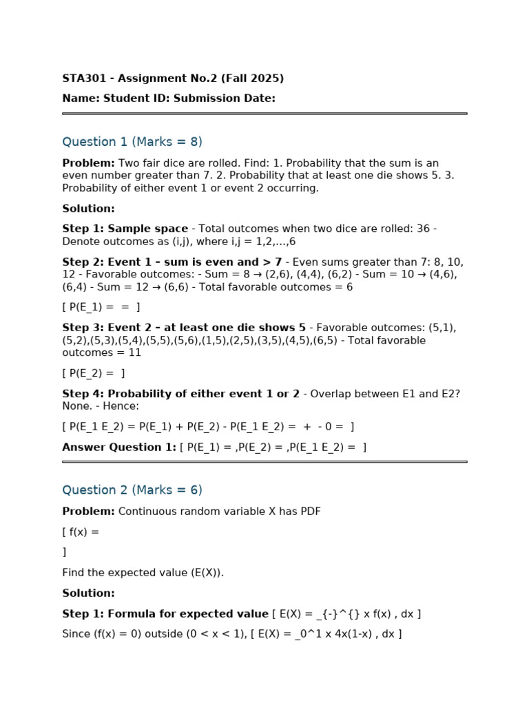 STA301 Probability Assignment Solutions | PDF | Expected Value ...