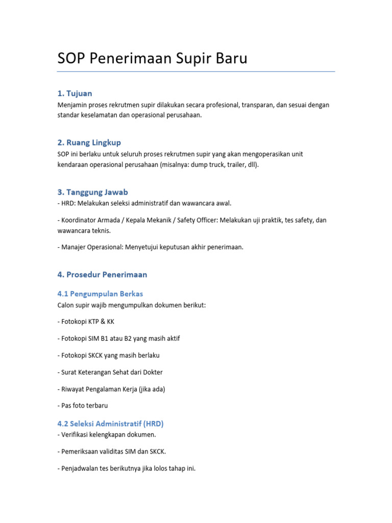 SOP Rekrutmen Supir Profesional | PDF