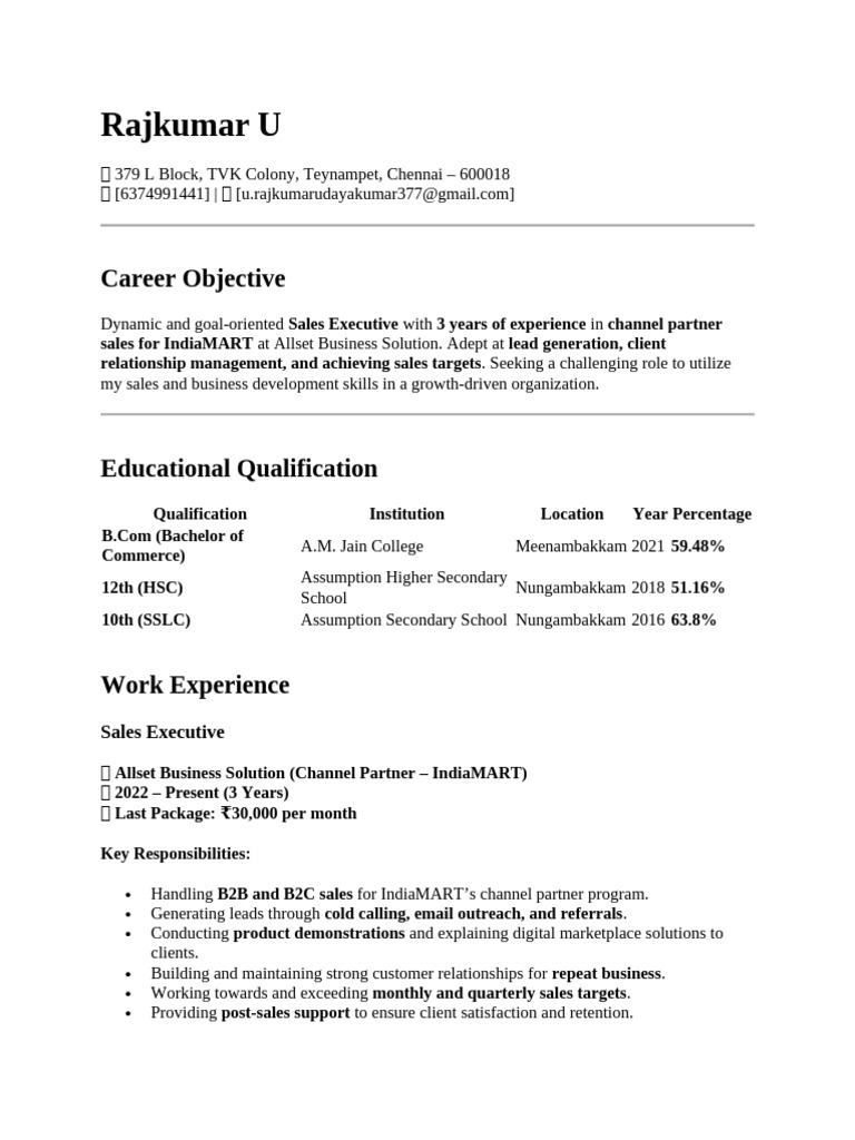 Sales Executive Resume - Rajkumar U | PDF
