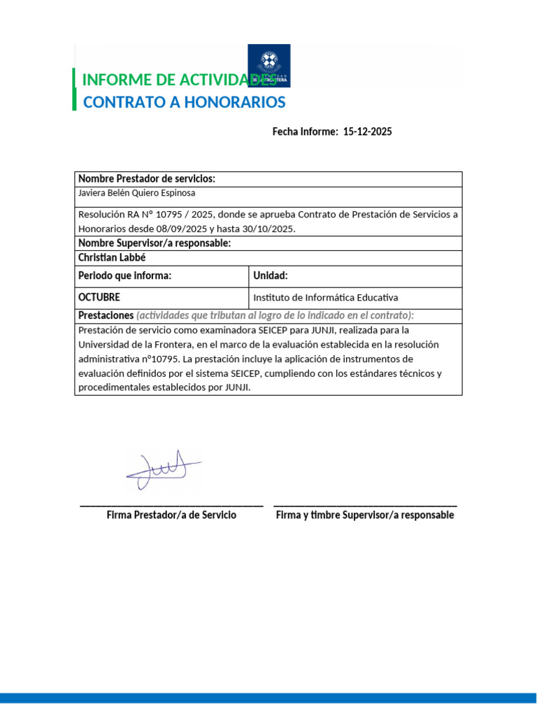 Informe de Actividades Contrato Honorarios | PDF