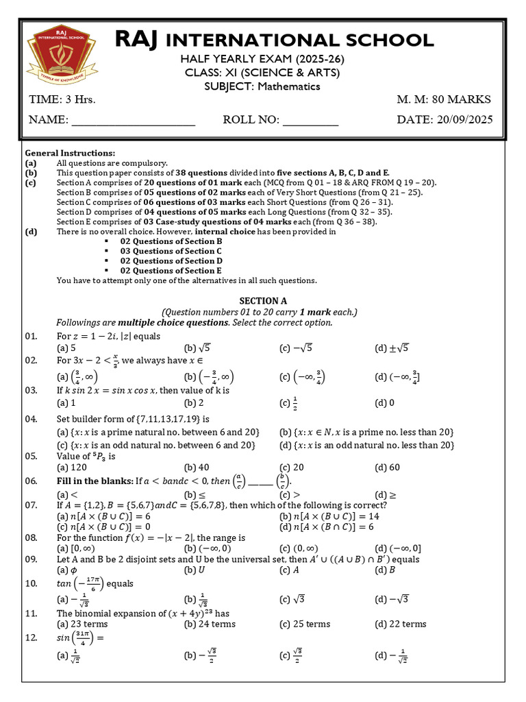 Half Yearly XI NC & ARTS Class Mathematics - 80 Marks - 2025-26 | PDF ...