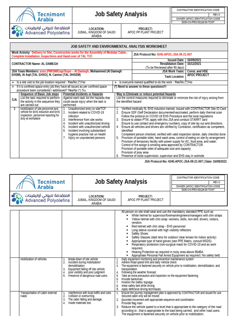 Job Safety Analysis for APOC Project | PDF | Truck | Crane (Machine)