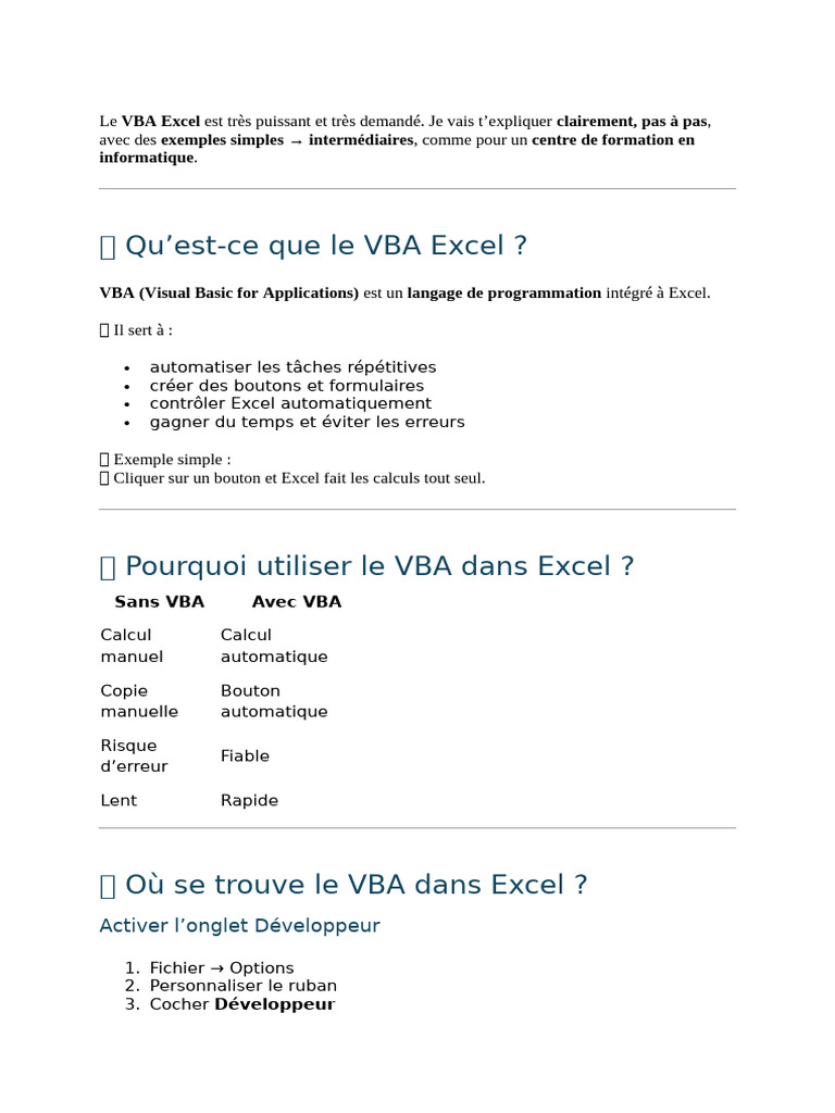 Introduction au VBA Excel pour débutants | PDF | Visual Basic for ...