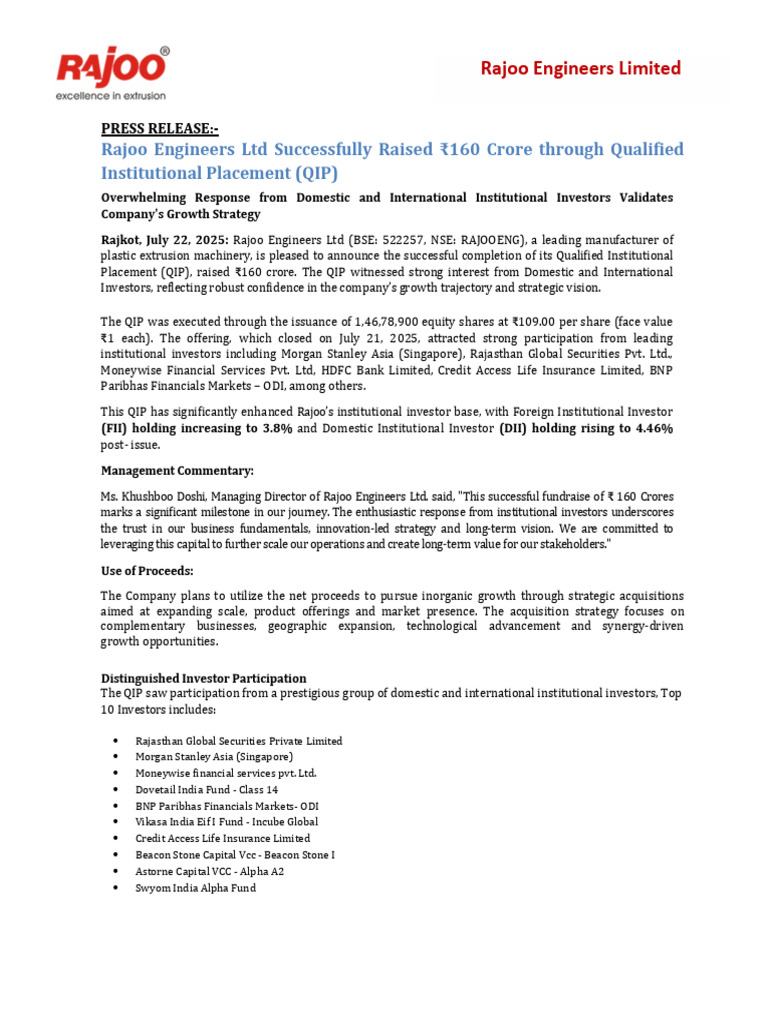 Rajoo Engineers Raises ₹160 Crore QIP | PDF | Investing | Private Sector