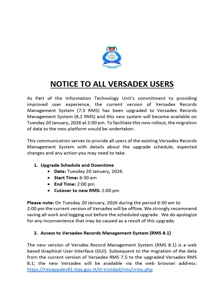 Versadex RMS 8.1 Upgrade Notice | PDF