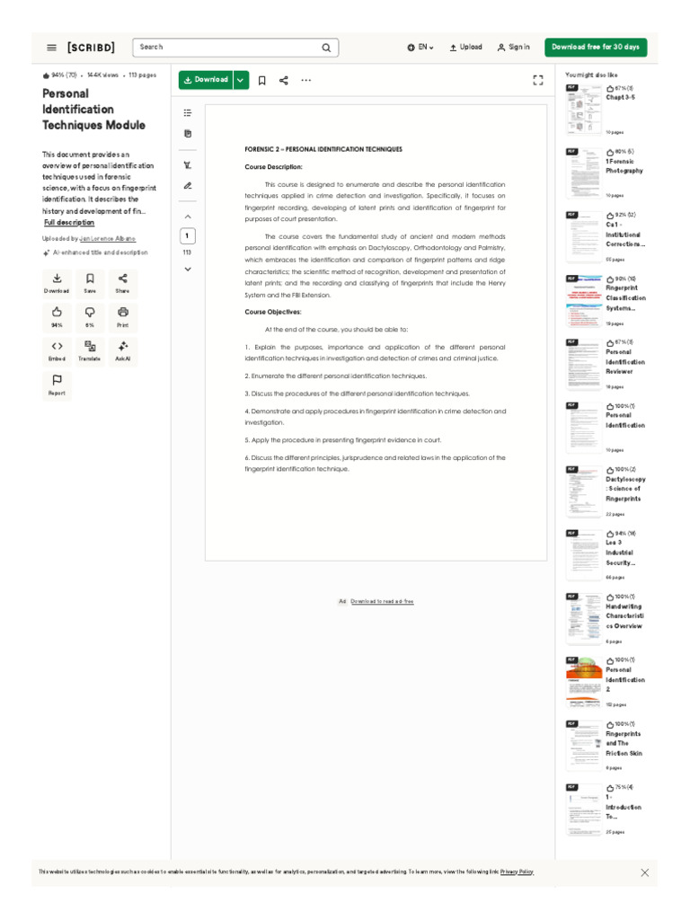 Forensic Fingerprint Identification Guide | PDF | Forensic Science ...