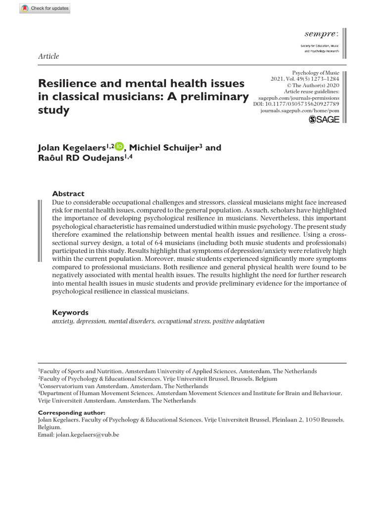 Resilience and Mental Health in Musicians | PDF | Psychological ...
