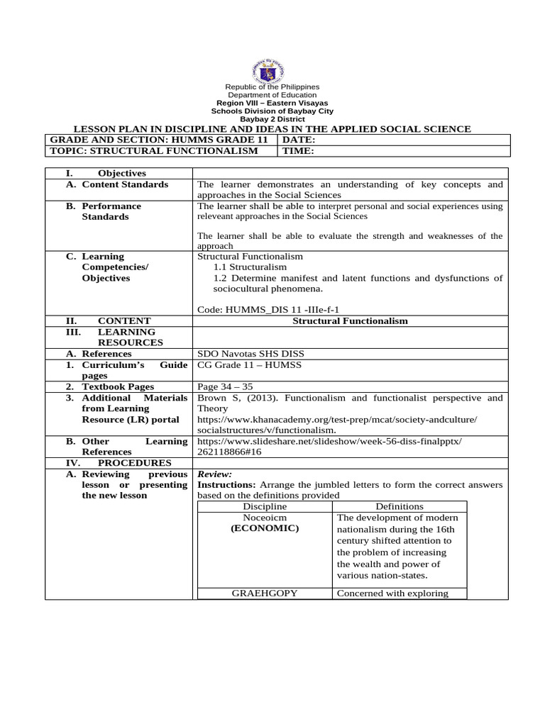 Structural Functionalism Lesson Plan | PDF | Social Sciences | Liberal ...