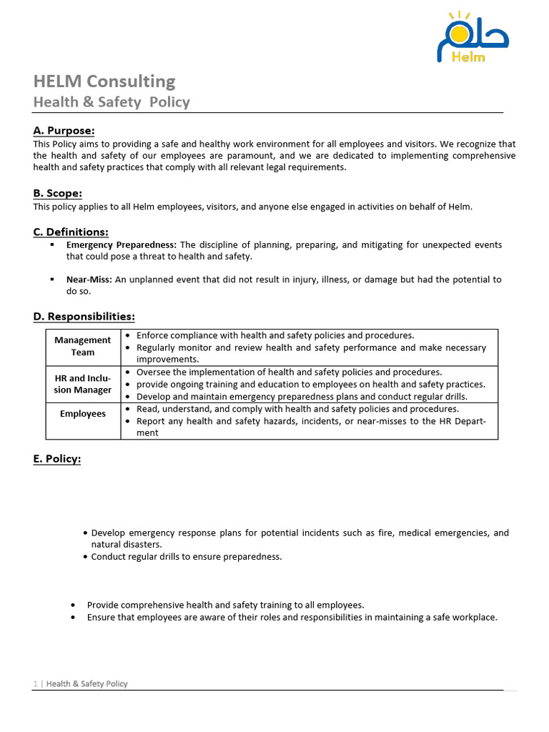 Helm Consulting Health & Safety Policy | PDF | Occupational Safety And ...
