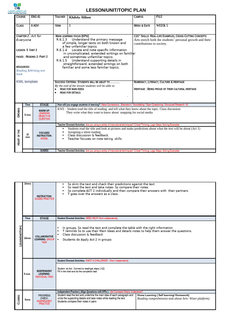 Art for Everyone: Lesson Plan for ENG 41 | PDF | Reading Comprehension ...