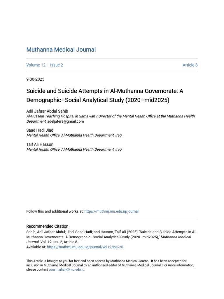 Suicide and Suicide Attempts in Al-Muthanna Governorate_ a Demogr | PDF ...