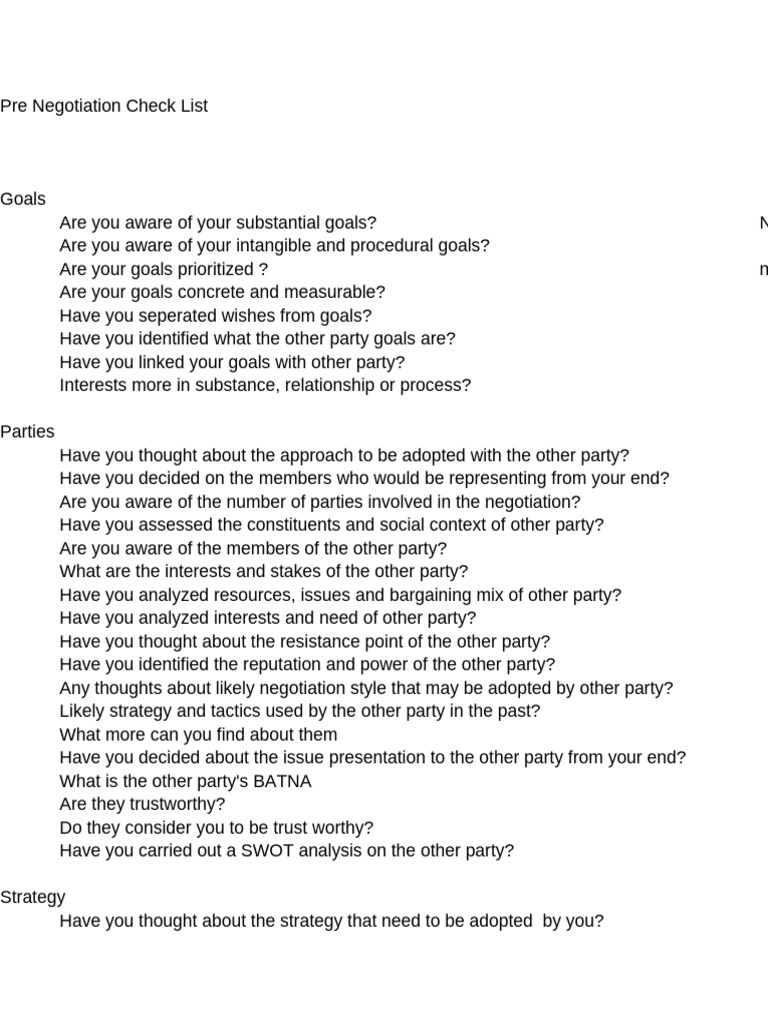 Pre Negotiation Check List | PDF | Negotiation | Social Psychology