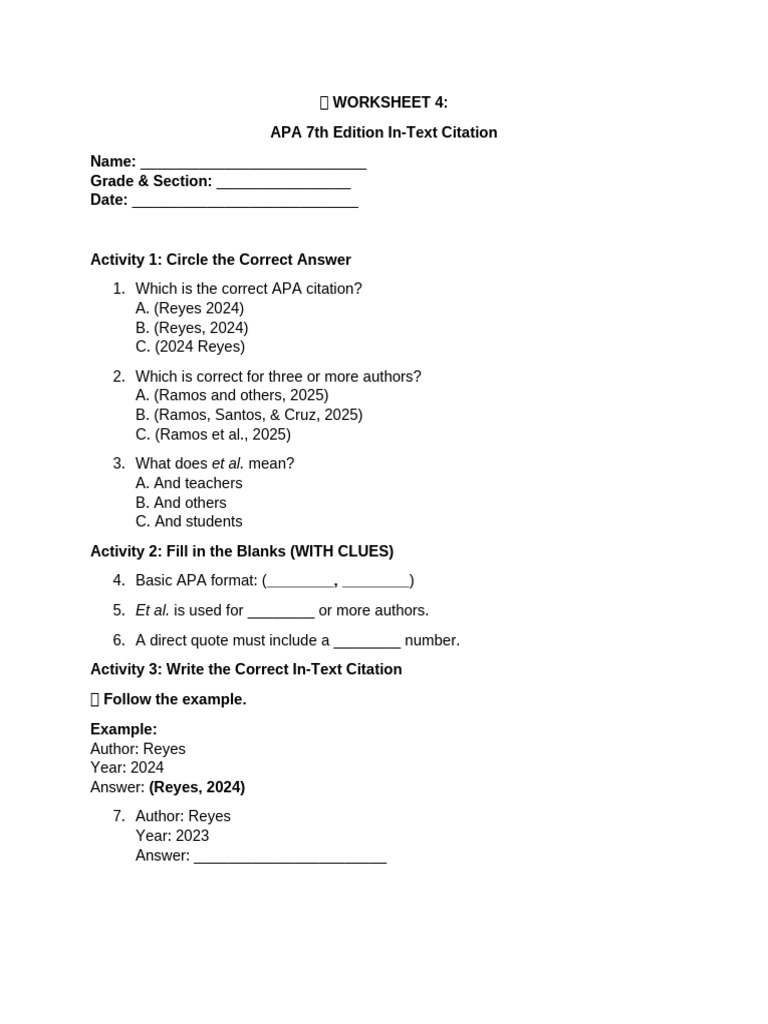 APA 7th Edition In-Text Citation Worksheet | PDF