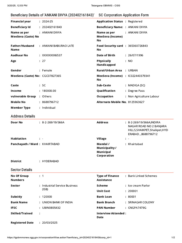 Beneficiary Details for ANKANI DIVYA | PDF