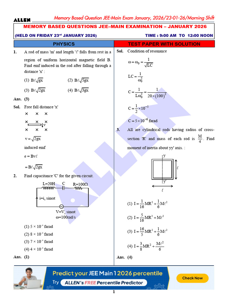 JEE Main Physics Memory Questions 2026 | PDF | Deformation (Engineering ...