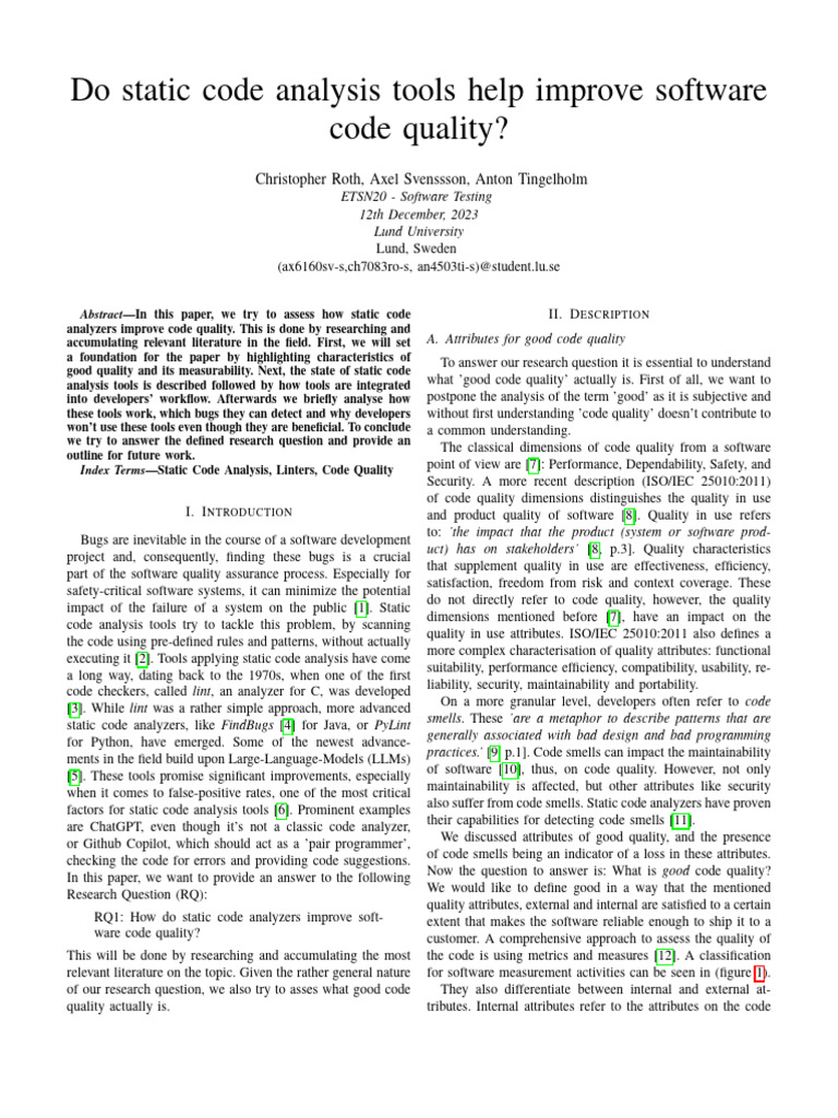 Static Code Analysis and Code Quality | PDF | Software Quality ...