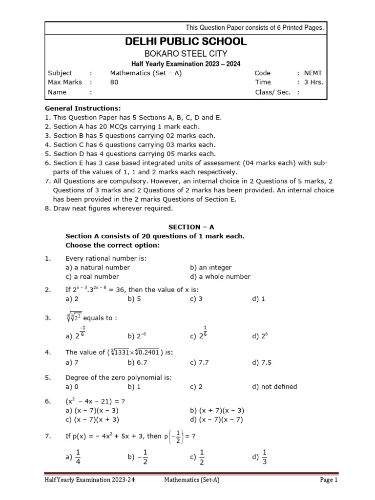 Half Yearly Math Exam 2023-24 Set A | PDF | Triangle | Area